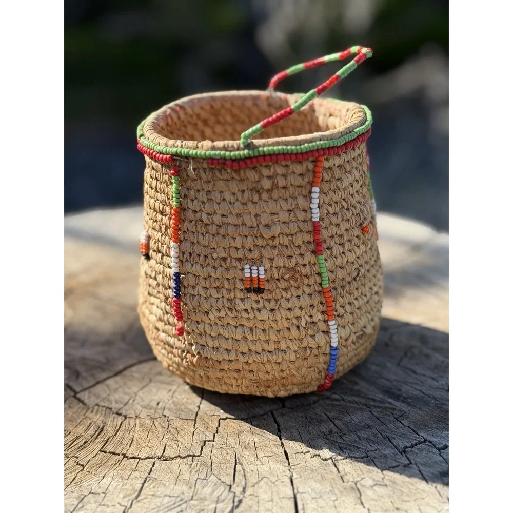 Old Expertly Handwoven‎ Beaded Basket – Glass Trade Beads – 4.5
